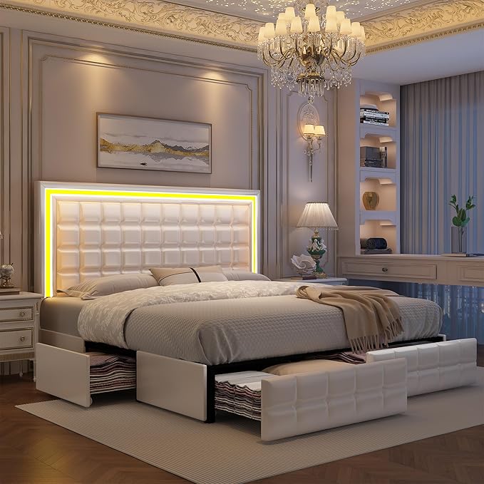 Full Led Bed Frame with 4 Storage Drawers, Bed with Led Lights No Box Spring Needed, Supports 900 lbs, Easy Assembly, Quiet and Sturdy Design, PU White