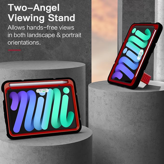 Grifobes Case for iPad mini 7th 2024 (A17 Pro) / Mini 6th Generation 2021 8.3 Heavy Duty Shockproof Cover with Pencil Holder Stand for i Pad Mini 7/6 Gen 8.3 inch Case (Black+Red+Red)