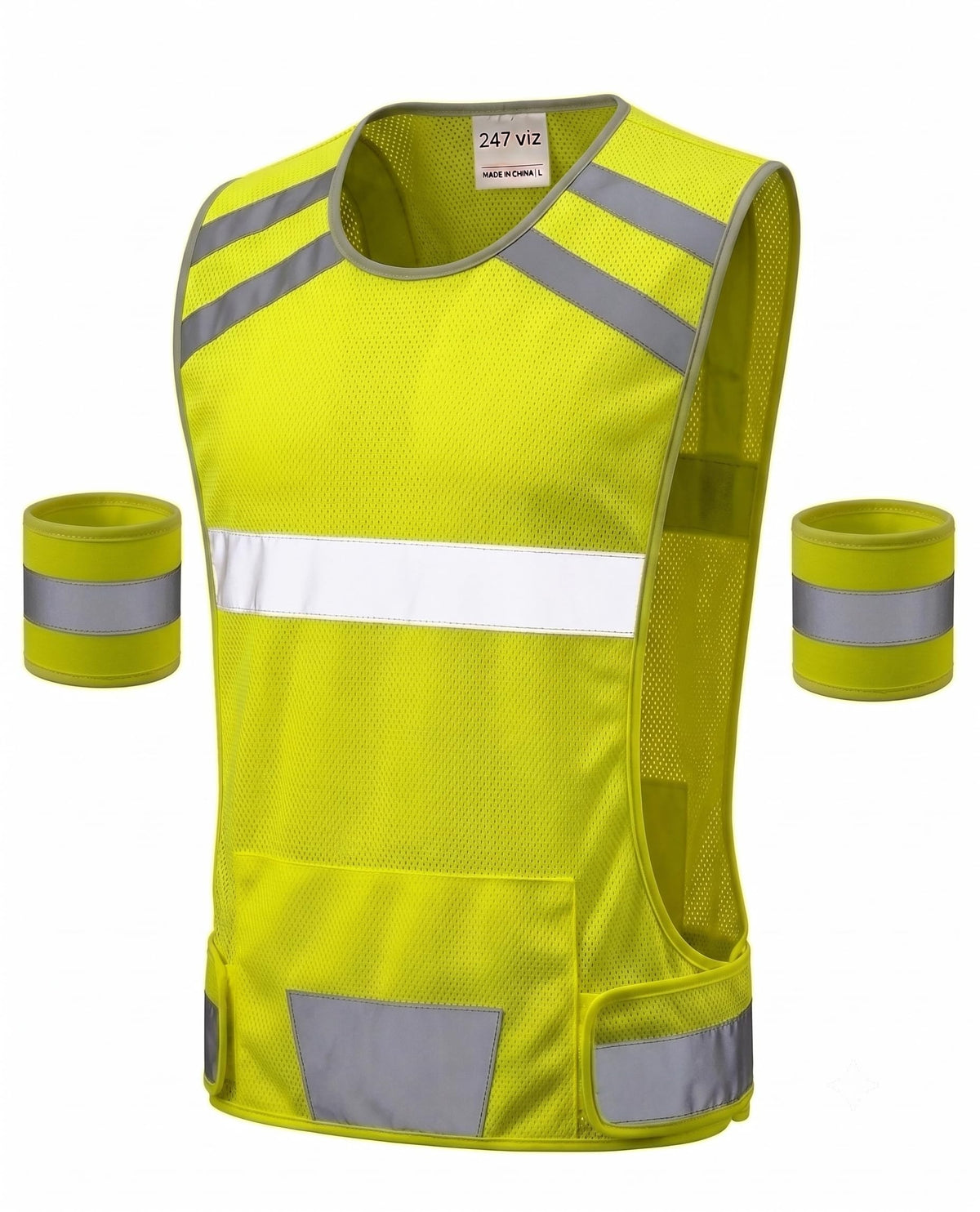Mesh Safety Vest with Pocket & 2 Wrist Bands, High-Visibility Running Vest