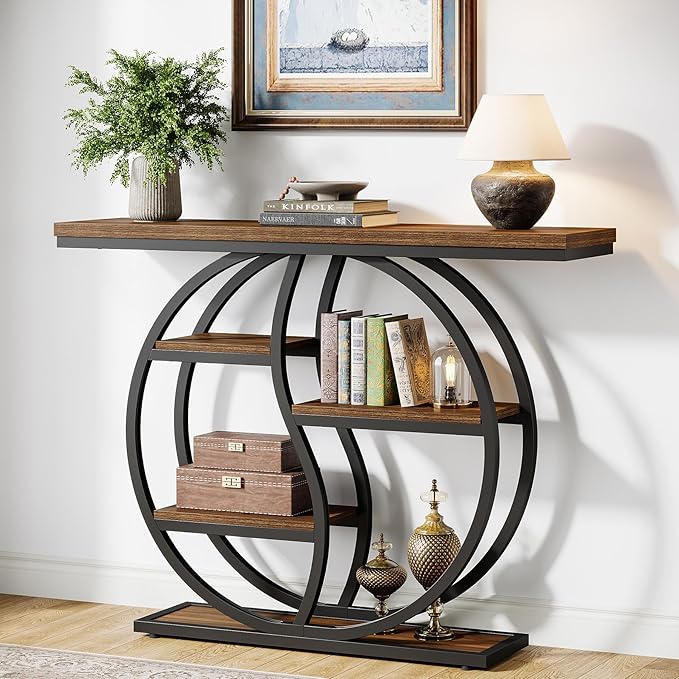 Tribesigns 47.24" Entryway Table, Industrial 5-Tier Console Sofa Table with Multiple Storage Shelves, Narrow Wood Accent Long Tables with Metal Frame for Small Spaces, Hallway, Foyer, Rustic Brown