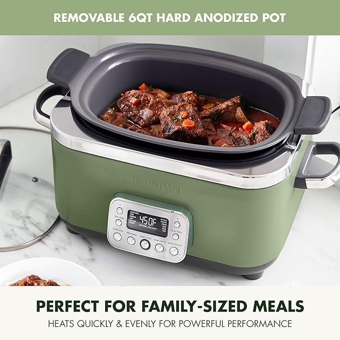 GreenPan Elite 8-in-1 Programmable 6QT Electric Slow Cooker, Dishwasher Safe Lid & Removable Crock, PFAS-Free Healthy Ceramic Nonstick Multi-Cooker, Sear, Sauté, Brown, Steam Basket, Roast, Sage Green