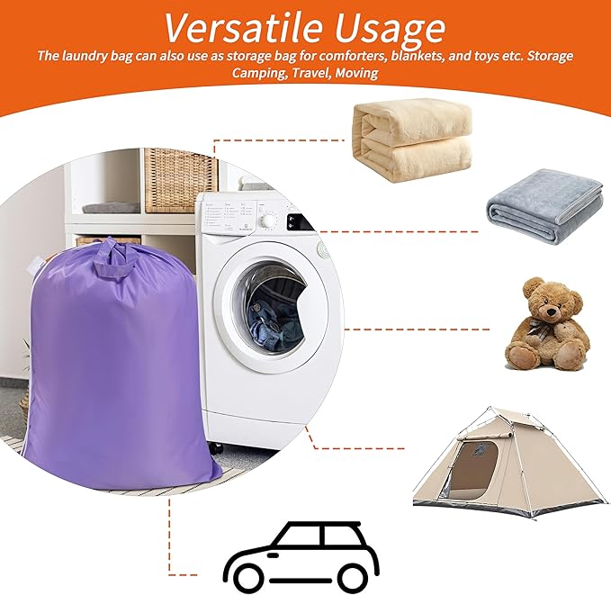 Polecasa Heavy Duty Large Laundry Bag with 130gsm Tear Resistant Fabric and Handles, Easy to Carry Durable Dirty Clothes Drawstring Bag, Perfect for College Dorm, Travel, 2 Pack 28”x36”,Purple