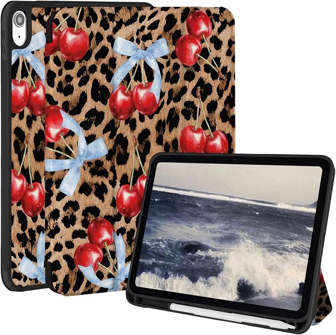Case for iPad 9th/ 8th/ 7th Generation Case 10.2&amp10.5 Inch (2021/2020/2019 Release) Slim Lightweight Soft Trifold Back Cover with Pencil Holder &amp Auto Sleep/Wake Cover Cherries Cheetah Bows