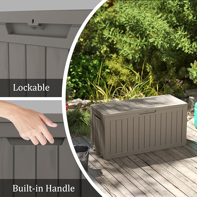 75 Gallon Double-Wall Resin Deck Box - Lockable Waterproof Outdoor Storage Box, 515lbs Capacity & Doubles as Seating for Patio Furniture - Garden Tools, Pool Accessories (Brown)
