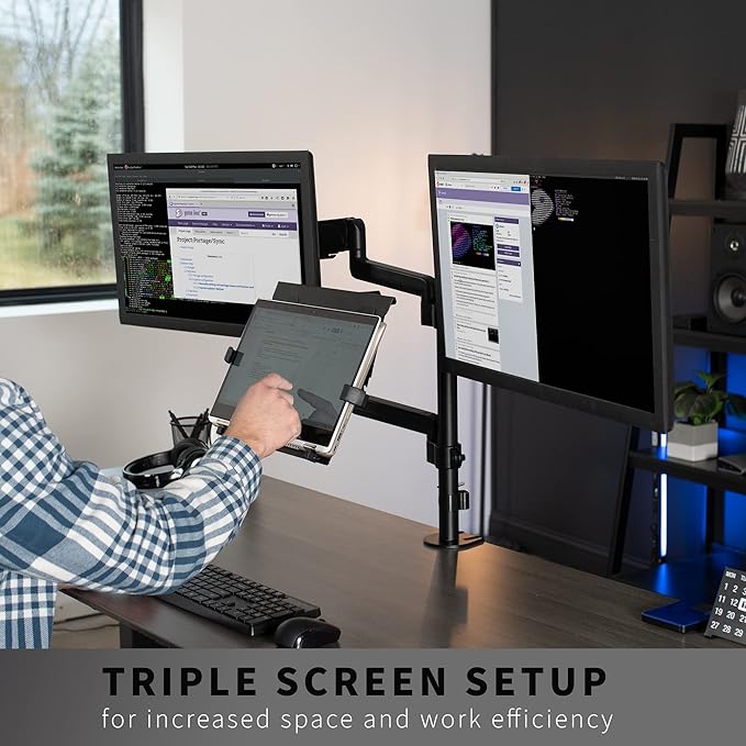 VIVO Laptop and Dual 17 to 32 inch Monitor Pneumatic Arm Mount, Fits 2 Flat or Curved Computer Screens and 10 to 15.6 Inch Notebooks, Laptop Tray, C-clamp, Grommet Mounting Base, Black, STAND-V003KL