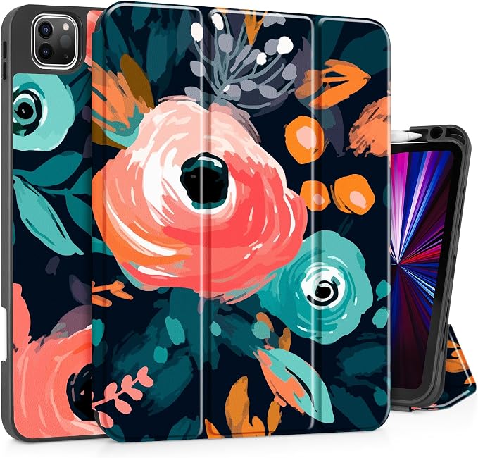May Chen Case for iPad Pro 11 inch (4th 3rd 2nd &amp 1st Gen) 2022 2021 2020 2018 Trifold Stand + Pencil Holder + Auto Wake/Sleep + Soft TPU Protective Stand Back Cover Abstract Floral