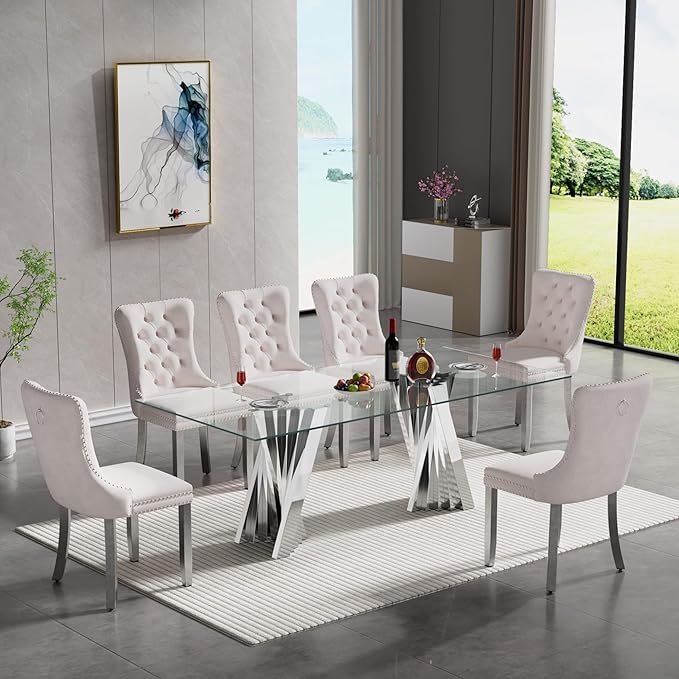 HomVent 70.08" Rectangular Clear Tempered Glass Dining Table,Stylish Design with Silver Stainless Steel Legs, Dining Table for Dining Room