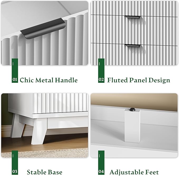 Fluted Dresser with 9 Drawers, 63" Wide Modern Chest of Drawers with Metal Handle, Wooden Dresser TV Stand, Wood Closet Clothes Storage Organizer for Bedroom, Living Room, Hallway, Solid White