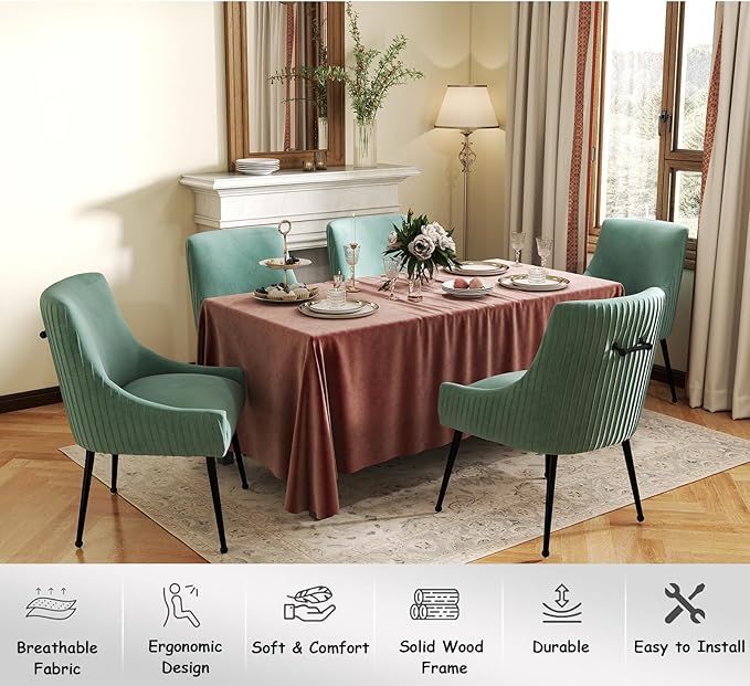 Velvet Dining Chairs Set of 4,Green Upholstered Living Room Chairs with Black Metal Legs, Modern Tufted Accent Chairs for Living Room, Study Room, Kitchen