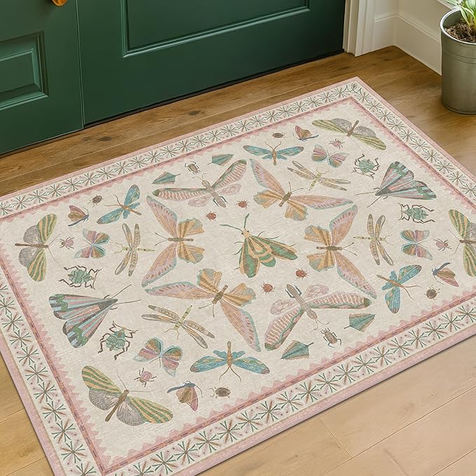 Light Pink Washable Bathroom Rug - 2x4 Small Kitchen Rugs for Powder Room, Front Door Indoor Entrance, Low Pile Stain Resistant, Colorful Pastel Aethestic