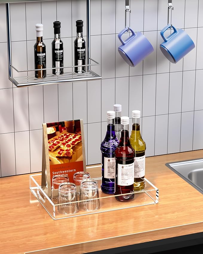 Acrylic Serving Tray Set of 2-16x12 & 15.4x11.9 Inch Clear Luxury Trays for Kitchen, Dining, Bathroom Organizer - Non-Slip, Scratch-Resistant, Spill-Proof Design - Ideal Gift for Housewarming, Parties