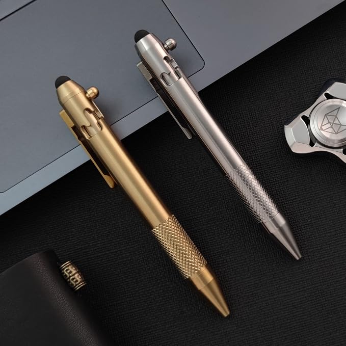 Cool Hand 4.9'' Brass Bolt Action Pen with Retractable Stylus Tip | for Any Touch Screen Ballpoint Ink Refillable Compact Size Skelton Out Deep Pocket Clip (Brass)