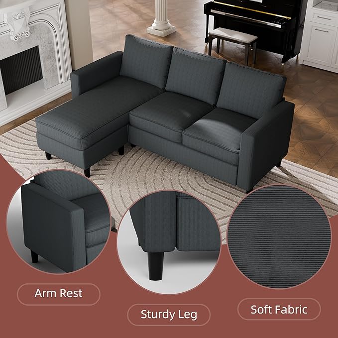 Nuturelly Convertible Sectional Sofa Couch with Movable Ottoman, 3-Seater Modern L-Shaped Sofa for Small Spaces, Soft Fabric Couch for Living Room, Small Apartment & Office(Dark Gray)