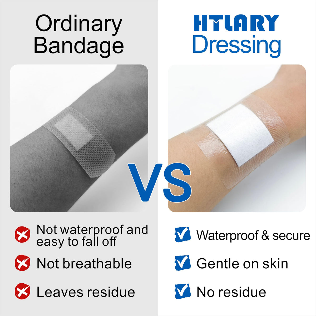 HTLARY Waterproof Transparent Film Dressing with Absorbent Pad 50-Pack Sterile Adhesive Bandages Post-Surgical Wound Cover, Protective Barrier for Sensitive Skin (2.3‘’x2.7‘’)