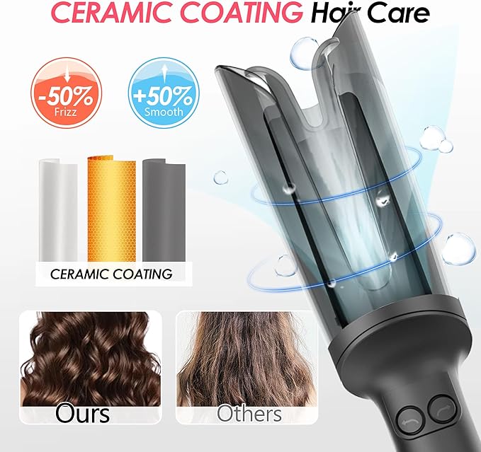 LA MAESII Automatic Rotating Curling Iron, Hair Curler with 3 Temps Fast Heating, 2-Way Rotating 1 Inch Curling Wand, Ceramic Coating, Ionic, Anti-Scald, Anti-Tangle, Dual Voltage Auto Shut-Off (Gray)