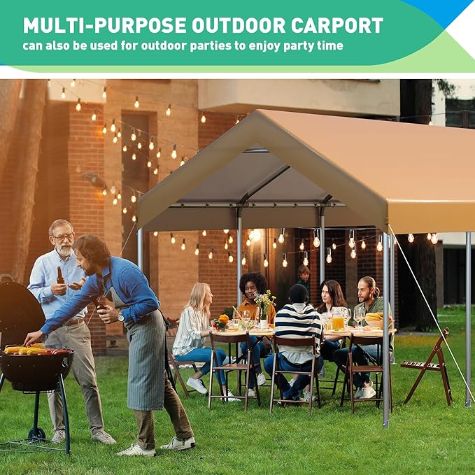 12x20FT Carport, Car Canopy, Portable Garage, Easy to Assemble, Carport Canopy 12x20FT Heavy Duty for Car, Bike, Boat, Party (Khaki)