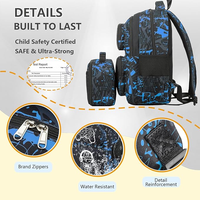 Boys Backpack with Lunch Box Glow in Dark Gamer Bookbag Kids Ages 4-12 Kindergarten Elementary Middle School Gaming Backpack, Luminous Game Boy Black Blue