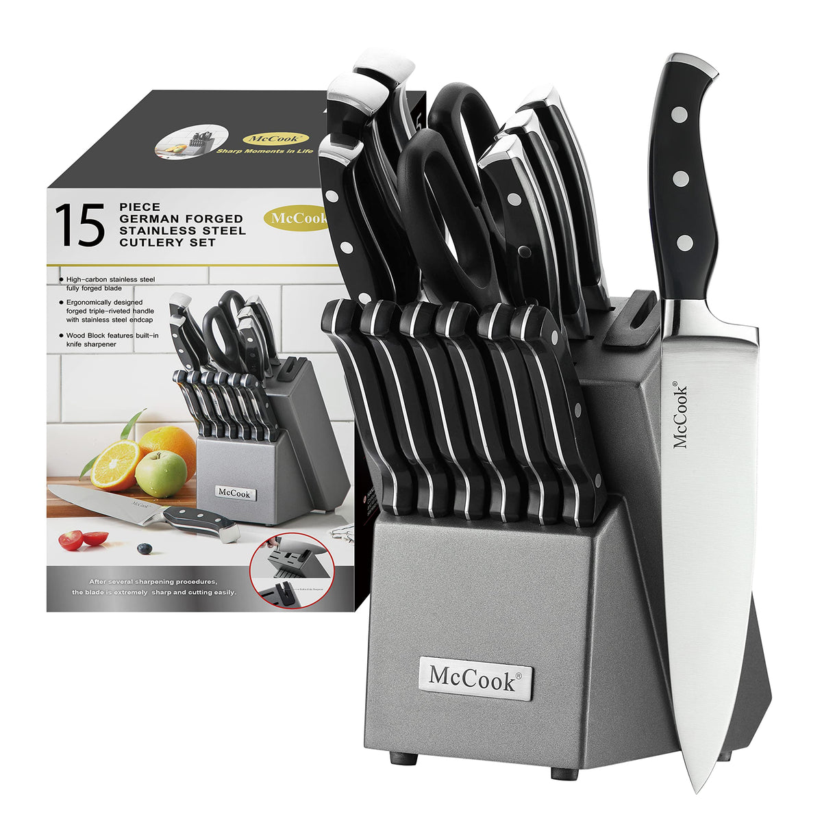 McCook Knife Set Sharp Kitchen Knife Block Set w Built-in Sharpener