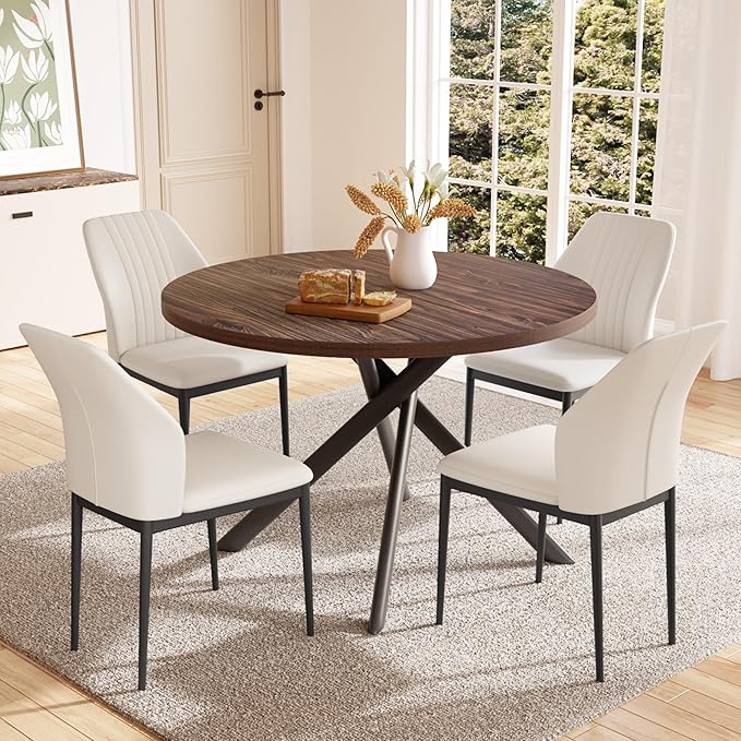 45.3'' Walnut Round Dining Table Set for 4, Mid Century Modern Small Coffee Set for Dining Room Kitchen Apartment (Walnut Table + 4 White Chairs)