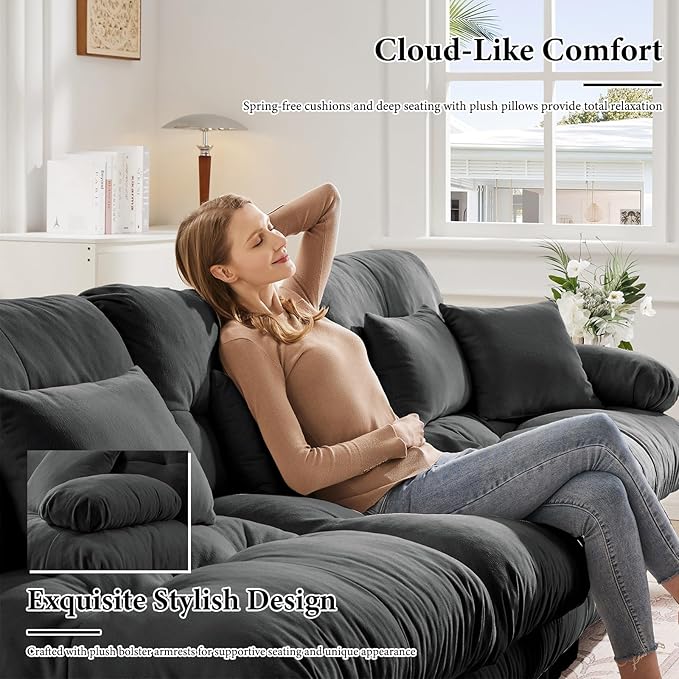 133.8" Oversized Couch, 3 Seater Modular Sectional Sofa, Grey Large U Shaped Sectional Couches for Living Room, Fluffy Couches Set, Chenille Cloud Couch with Ottoman, Sofas for Living Room