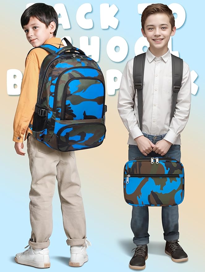BLUEFAIRY Kids Backpack with Lunch Box for Girls Boys Elementary Primary Middle School Bag with Lunch Bag Set 17 Inch Bookbag Mochilas Escolares para Niñas Niños (Camo, Sky Blue)