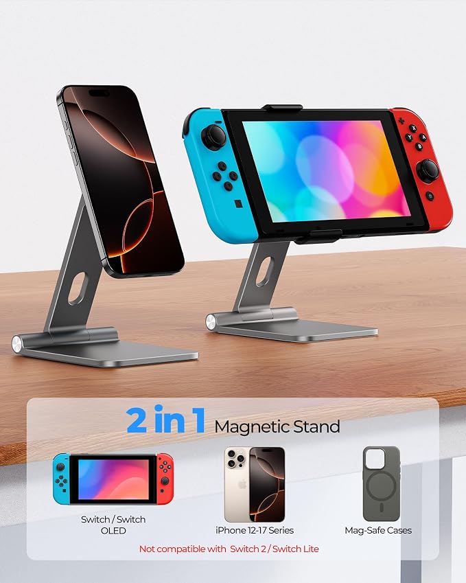 Foldable Magnetic Stand Holder for Nintendo Switch 2 iPhone | Aluminum Alloy Adjustable Design MagSafe-Compatible Portable Kickstand Mount Switch 2 Accessories for Desktop &amp Travel