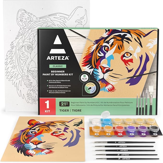ARTEZA Paint by Numbers Kit, 12x16 Inches, 21 Pieces, Tiger Canvas Painting Kit, Canvas Panel, 12 Acrylic Paint Pots, 5 Paintbrushes, Art Supplies for a Meditative and Calming