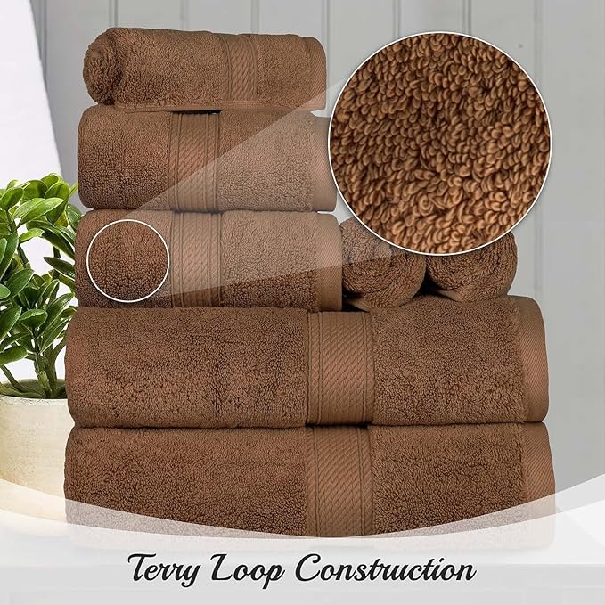 Superior Egyptian Cotton Pile 10 Piece Towel Set, Includes 2 Bath, 4 Hand, 4 Face Towels/Washcloths, Ultra Soft Luxury Towels, Thick Plush Essentials, Guest Bath, Spa, Hotel Bathroom, Chocolate