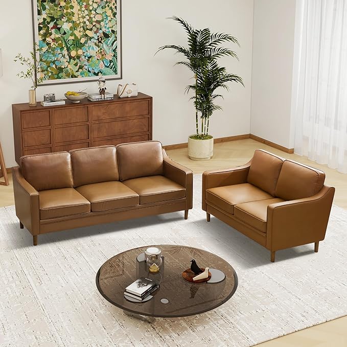 Kingfun Living Room Furniture Sets, 3 Seater Couch and Loveseat, Mid Century Modern Sofa Set, Faux Leather Couch with Solid Wood Frame for Living Room & Bedroom, Brown