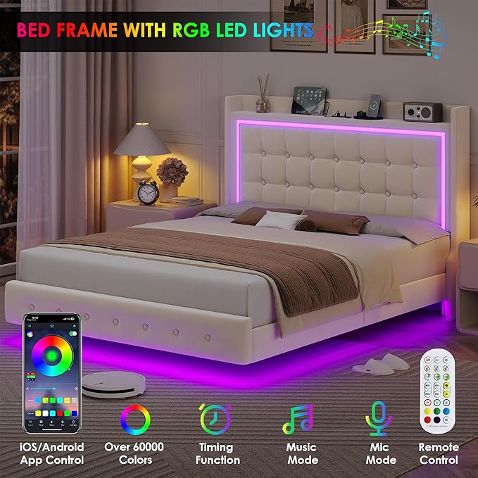 Keyluv Upholstered Full Floating Bed Frame with RGB LED Lights and Charging Station, Velvet Platform Bed with Button Tufted Storage Headboard, Type-C & USB Charging Ports, No Box Spring Needed, Beige