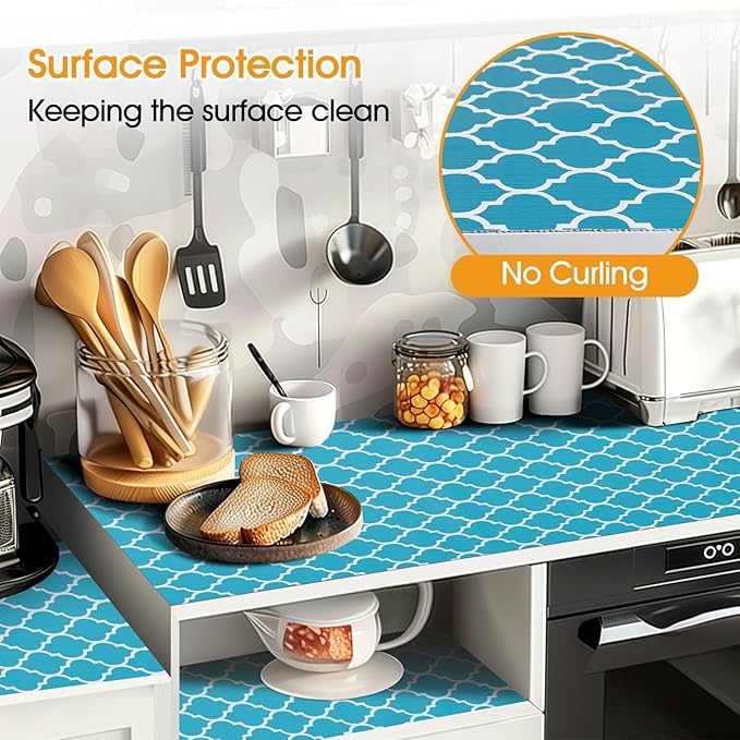 Shelf and Drawer Liner for Kitchen Cabinets Non-Adhesive, Strong Grip Non-Slip Thickened Cabinet Liners for Shelves, Waterproof Mats for Dresser Cupboard, Green/White, 17 in x 10 Feet
