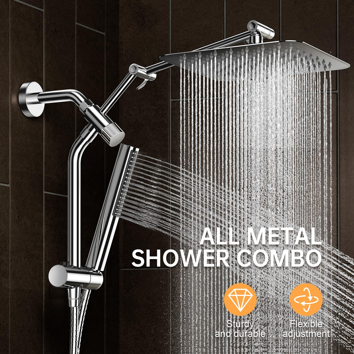 Veken All Metal 10" Shower Head with Handheld, Luxurious Square Double Rain Shower Heads with Spray Combo, Dual High Pressure Detachable Rainfall Showerhead with Extension Arm, Long Hose,Chrome,Sliver