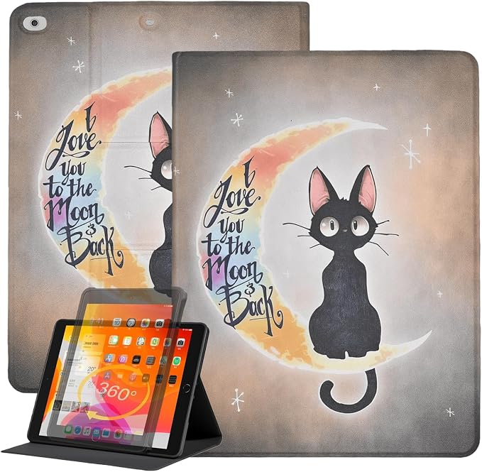 Rotating Case for iPad 6th 5th Generation 9.7 Inch 2018/2017 Model Lightweight PU Leather 360 Degree Rotating Protective Stand Cover Auto Wake/Sleep Black Cat on Moon