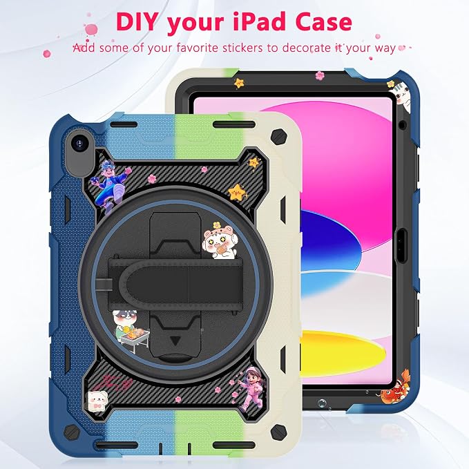 for iPad 9th 8th 7th Gen Case 10.2 inch with Screen Protector | 360° Rotating Kickstand Hand Strap Shoulder Strap Heavy Duty Military Grade - Kids Friendly