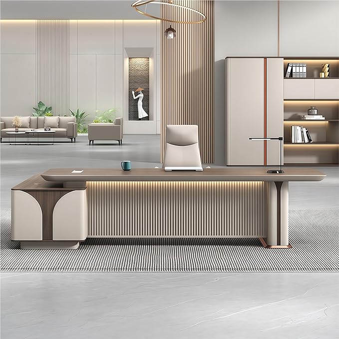 Modern L Shaped Desk, 86.6 inch Large Desk with Storage, Executive Desks for Home Office No Installation Required with Drawers and Lockable