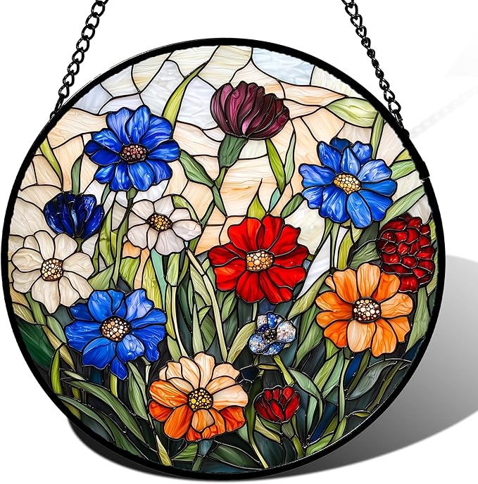 Stained Glass Suncatcher, Colorful Flowers Green Leaf Sun Catcher Landscape Stain Glass Window Hanging Decoration Mother's Day Birthday Gifts for Women Men Mom Nana 11.8 in