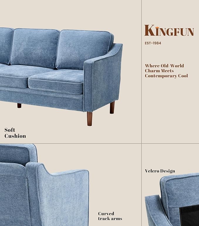 Kingfun Living Room Furniture Sets, 3 Seater Couch, Armchair and Loveseat, Mid Century Modern Sofa Set, Chenille Couch with Solid Wood Frame for Living Room & Bedroom, Light Blue