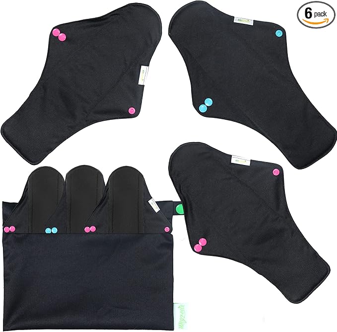wegreeco Reusable Menstrual Pads - Reusable Sanitary Pads | Reusable Panty Liners | Soft Cloth Menstrual Pads - 6 Pack with 1 Cloth Mini Wet Bag (X-Large, Black)
