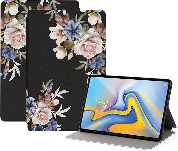 Premium PU Leather Cover for Samsung Galaxy Tab A 10.5 Inch 2018 Model SM-T590/T595/T597 Shockproof Protective Case with Folding Stand and Auto Wake/Sleep Black Flowers