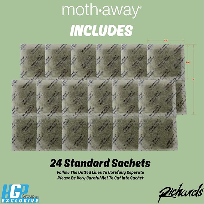 Richards Homewares Moth Away Sachets – 24-Pack Natural Herbal Moth Repellent, Non-Toxic & Chemical-Free, Fresh Scent for Drawers, Closets & Storage Bins – Made in USA