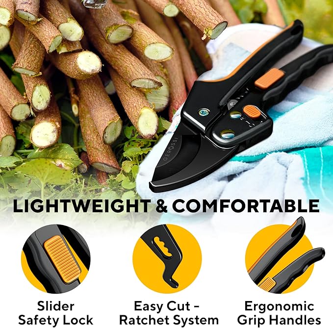 Ratchet Pruning Shears for Gardening Heavy Duty - Increases Cutting Power 3x - Perfect Ratchet Pruners for Weak Hands & Arthritis- 8” Anvil Garden Clippers - w/Extra Sharp Blade for Effortless Cutting