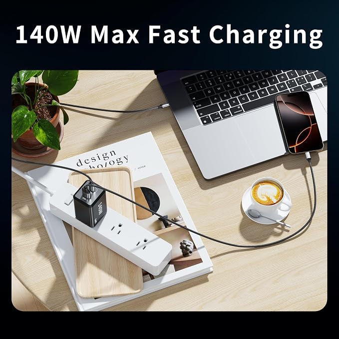 2 Pack 200W USB C Charger Block 3 Port 140W Compact Charging Station | Fast Chager 140W for MacBook ProiPhone 17/16/15 Series Samsung S26 iPad(Included 4 Pack 240W 7FT Cable)