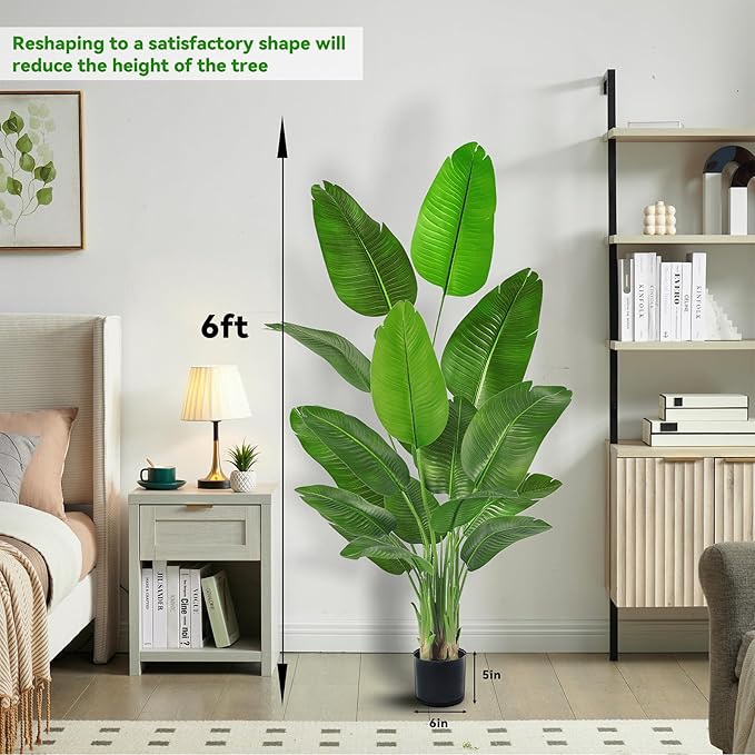 Birds of Paradise Plant Artificial, 6FT Fake Plants Faux Banana Leaf Tree with 10 Banana Leaves, Lifelike Tall Fake Tropical Palm Indoor Silk Floor Plant in Black Pot for House,Office,Room,Home Decor