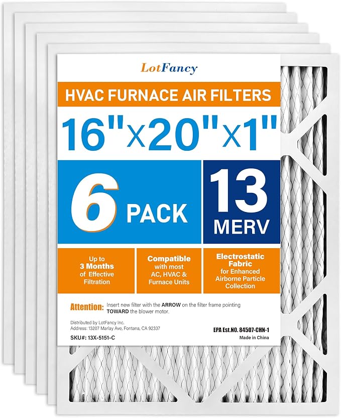 LotFancy 16x20x1 Air Filter MERV 13 6-Pack, Electrostatic Pleated HVAC Furnace