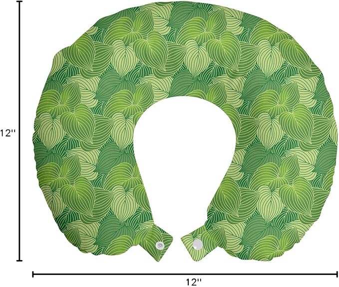 Ambesonne Green Travel Pillow Neck Rest, Abstract Hosta Plants Forest Growth Leaves Ecology Jungle Theme, Memory Foam Traveling Accessory for Airplane and Car, 12", Fern Lime and Pale Green