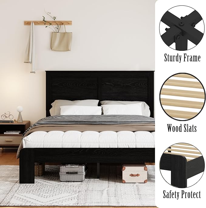 Wooden Bed Frame Full Size with Headboard, Farmhouse Platform Bedframe with Wood Slat Support, Sturdy Framework Bed Frame, Easy Assembly (Rustic Black)