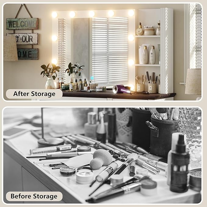 Farmhouse Vanity Makeup Desk, 43" W Vanity Desk with Lights Mirror and Drawers for Makeup, Big Modern Table Set with Stool for Bedroom, Antique White