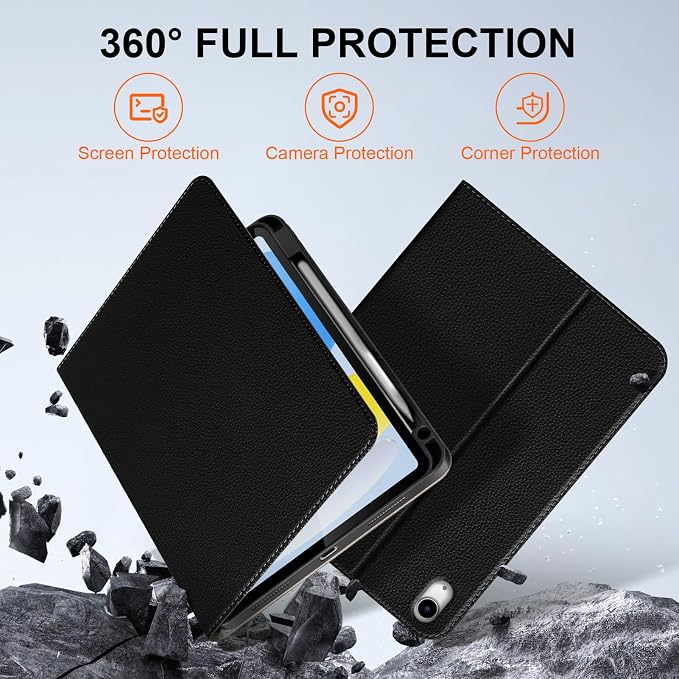 iPad Case 11th Gen 11 &amp 10th Gen 10.9 with Pencil Holder Black | Slim Premium Leather Smart Cover Auto Wake/Sleep Multi-Angle Protective Stand