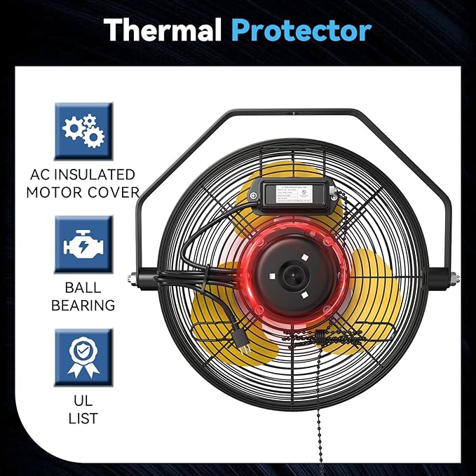 Fanqiebros 12 IN High Velocity Wall Mount Fan, 3 Speed Industrial Wall Fan with Sealed Motor, 2500 CFM Adjustable Air Circulator for Garage, Commercial, Greenhouse, Warehouse & Gazebo Use, UL Listed