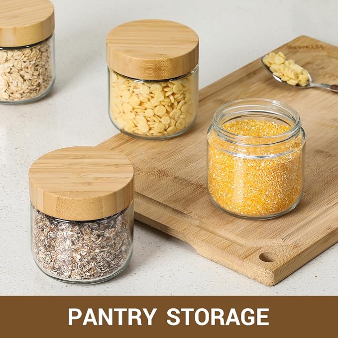 NETANY 4-pack 8oz Glass jars with Airtight Lids, Overnight Oats Containers with Bamboo Lids, Wide mouth Mason Salad jars, Glass Food Storage Containers for Snacks Yogurt Spice Sugar